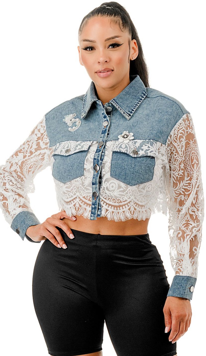 Blusa Manga Larga Mahón y Encaje